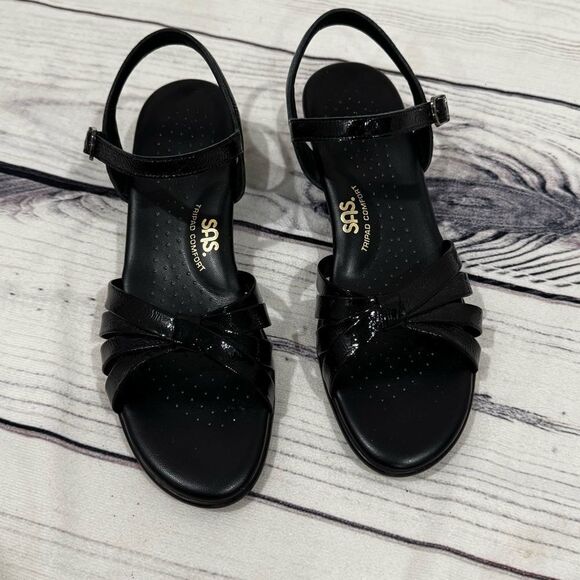 SAS Strippy Low Wedge Black Sandals Women's 9.5 M Tripad Leather Comfort Strappy - Picture 2 of 10